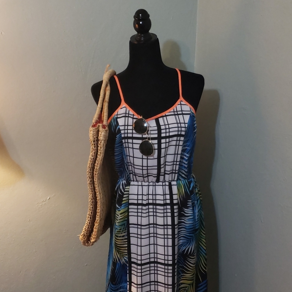 Jealous Tomato maxi dress side slit floral stripes blue orange size S